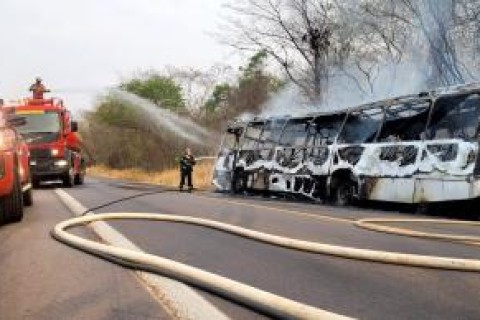 Ônibus de empresa particular é destruído pelo fogo no Anel Viário, em Rondonópolis