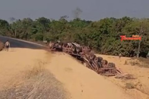 Carreta de milho tomba em curva e carga se espalha em rodovia